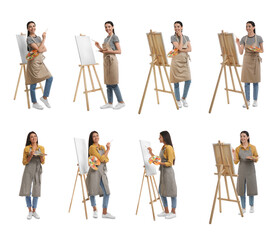 Young women drawing on easels against white background, collage