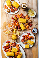A low country homemade traditional  Southern U.S. Shrimp Boil with sausage, potato and corn