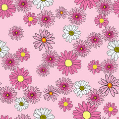 Vector sweet baby pink background pink daisy flowers and wild flowers. Seamless pattern background