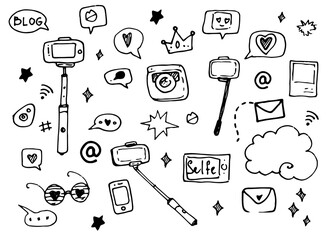 vector set of selfie sticks. Isolated social media elements hand-drawn in doodle style with a black line selfie sticks, messages, phone, photo pairs, stars, hearts, glasses on a white background for a