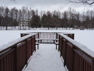 wooden bridge in the snow