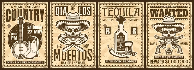 Poster Mexico and wild west thematic set of four vector vintage posters with grunge textures © Flat_Enot