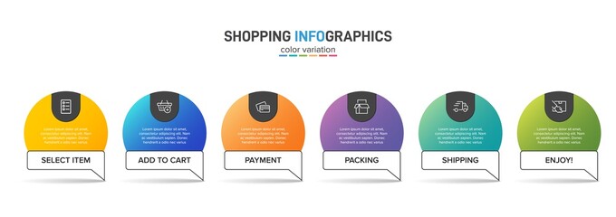 Concept of shopping process with 6 successive steps. Six colorful graphic elements. Timeline design for brochure, presentation, web site. Infographic design layout.