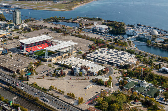 Aerial View Of Exhibition Place And Ontario Place In Toronto.