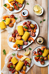 A low country homemade traditional  Southern U.S. Shrimp Boil with sausage, potato and corn