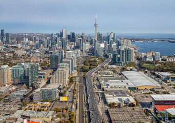 An aerial view of the Toronto Skyline from over Dufferin St.