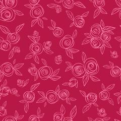 Pattern with rose flowers on a pink background. Bright pink background with roses in line art style. Drawing for textile or fabric. Pattern for summer dress