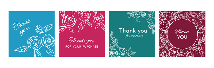 Thank you cards set. Stickers with the inscription Thank you for your purchase or Thank you for your order. Covers with rose flowers on a bright background, pink, blue, turquoise