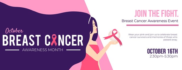 Obraz premium Breast cancer awareness month event concept. Flat style woman with long hair and cancer ribbons flat style. October breast cancer awareness month design template. Vector illustration
