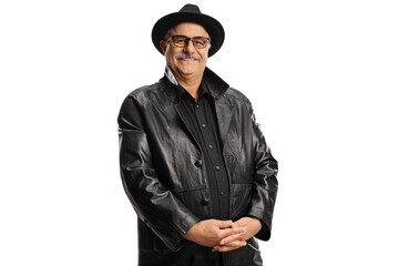 Elderly private detective in a leather coat