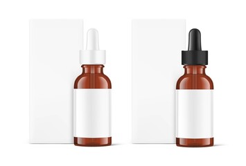 Realistic cardboard packaging box mockup with dropper bottle mockup isolated on white background.Vector illustration.  Сan be used for cosmetic, medical and other needs. EPS10.
