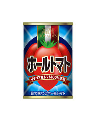 ホールトマト缶の3Dイラスト。Meaning of Japanese. The title "whole tomato". Ribbon "100% Italian tomatoes". At the bottom "Look at the illustrations to know the taste" .