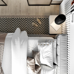 Modern bedroom interior in African style. 3d rendering. Top view.