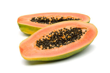 Papaya, halves of fresh juicy orange tropical fruit isolated on white background, healthy food, diet and nutrition 