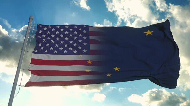 Flag of USA and Alaska state. USA and Alaska Mixed Flag waving in wind