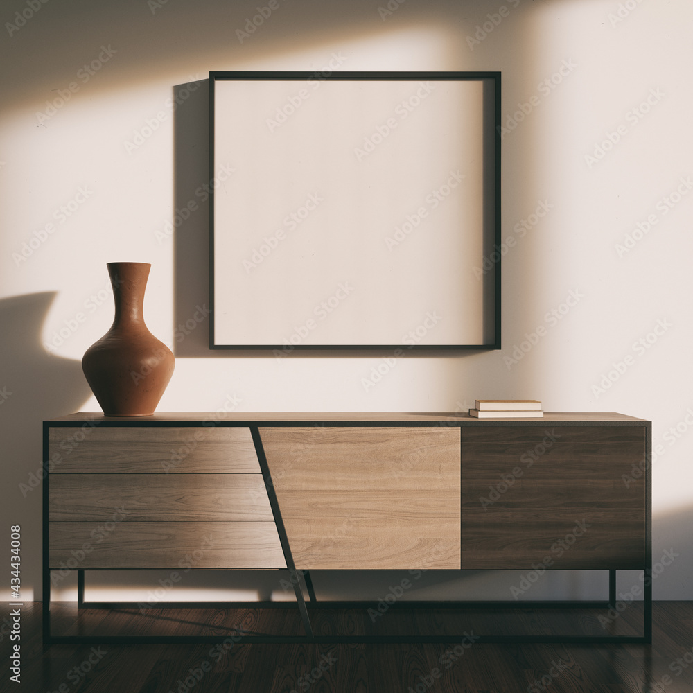Poster Mockup frame in simple retro interior. 3D render. 3D illustration.