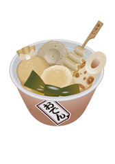 おでんのイラスト。
The meaning of the letters on the sticker is 