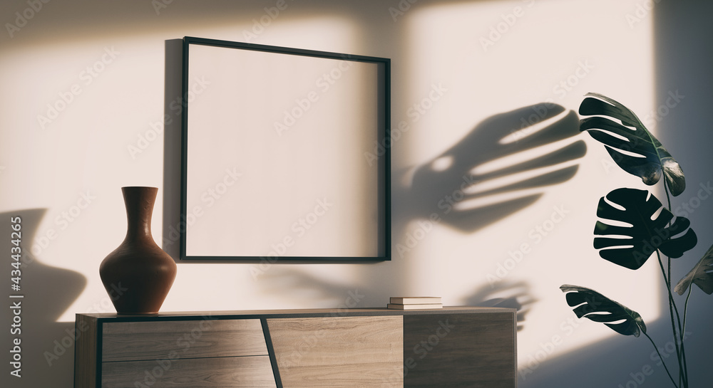 Poster mockup frame in simple retro interior. strong shadows of the rising sun. 3d render. 3d illustration.