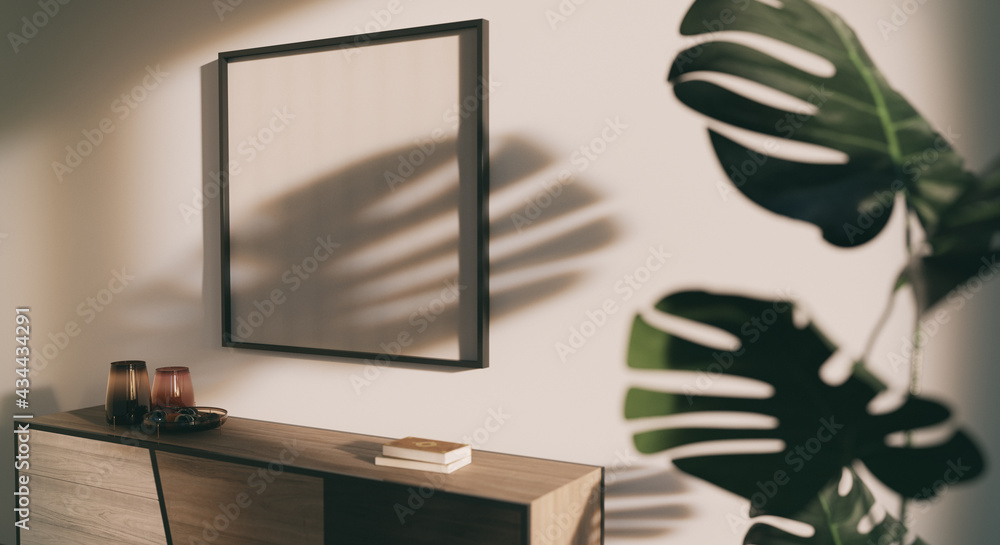 Poster mockup frame in simple retro interior. strong shadows of the rising sun. 3d render. 3d illustration.