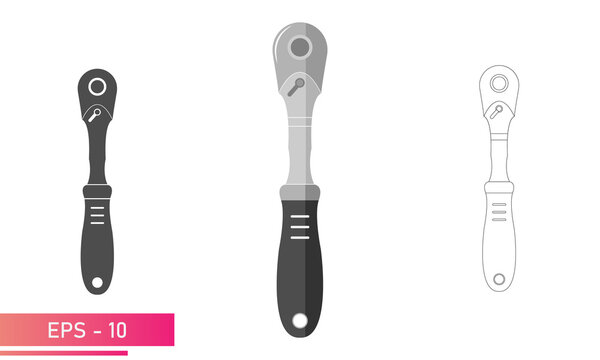Set, Ratchet wrench with handle. Linear, solid and realistic design. On a white background. Tools for a car mechanic. Flat vector illustration.