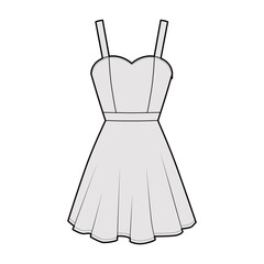 Dress strap technical fashion illustration fitted body, above-the-knee mini length circular skirt, natural waistline. Flat apparel front, grey color style. Women, men unisex CAD mockup