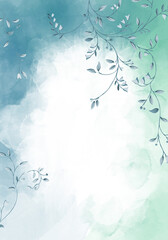 Fototapeta na wymiar Pale blue and green leaves - botanical design banner. Floral pastel watercolor border frame.