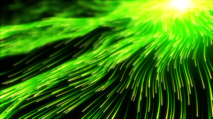 Obraz premium wave of high speed data particle trails. 3D illustration with depth of field blur effect. suitable for big data, technology, networl and futuristic themes.