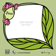 Leafs with flowers Frame background template vector, Social Media Post design, Green Frame vector, Web banner design, Square banner template, Advertisement, Ads for web page, Sale banner, eps 10