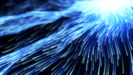 Fototapeta na wymiar wave of high speed data particle trails. 3D illustration with depth of field blur effect. suitable for big data, technology, networl and futuristic themes.