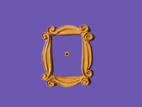 Yellow frame from the FRIENDS tv show which was used around Monica's  peephole on the door. Purple wall. Picture frame. FRIENDS television show  frame Stock Photo | Adobe Stock