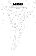 Obraz premium Vector music melody note dancing flow with one line saxophone . Concept background for jazz song and concert theme.