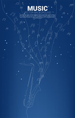 Naklejka premium Vector music melody note dancing flow with one line saxophone . Concept background for jazz song and concert theme.
