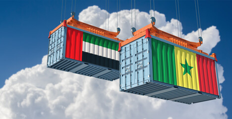 Two freight container with United Arab Emirates and Senegal flag. 3D Rendering