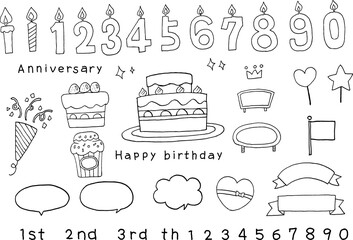 Illustration set of a birthday cake and candles in the shape of numbers, pen drawings.