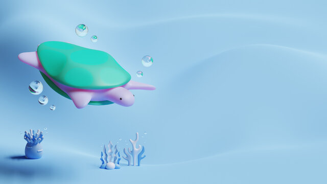 World Oceans Day Landing Page Template With Turtle 3D Rendering