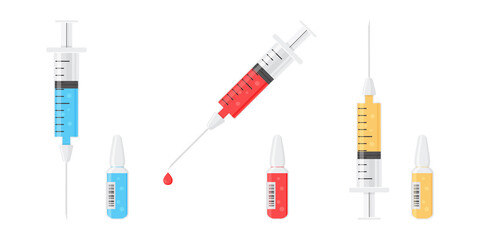 Syringe and ampoule vector icon with vaccine, medicine vial. Inject needle concept isolated on white background. Medical illustration