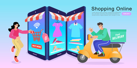 Banner, mobile app, landing page, woman carrying shopping bags, they used a mobile app on a smartphone.