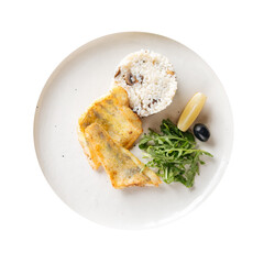 Isolated plate of fried fish fillet with rice on white background