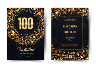 100th years birthday vector black paper luxury invitation double card. One hundred years wedding anniversary celebration brochure. Template of invitational for print dark background with bokeh lights