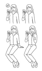 シンプルなタッチ スマホを操作する若い女性のイラストレーションセット