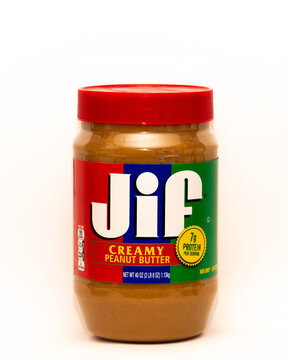 A illustrative editorial image of a 40 ounce jar of Jif creamy Peanut Butter, Speculator, NY April 29, 2021