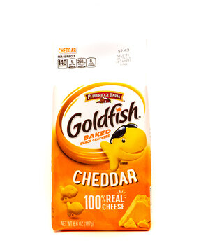 An illustrative editorial image of a 6.6 ounce bag of cheddar Goldfish, a healthy snack cracker baked with real cheese, Speculator, NY, April 29, 2021
