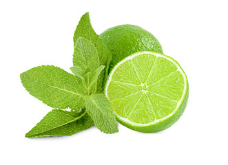 whole lime, half and mint leaves on white isolated background