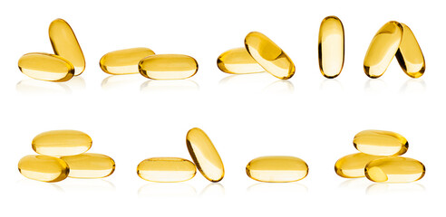 collection of variations of omega-3 capsules on white isolated background
