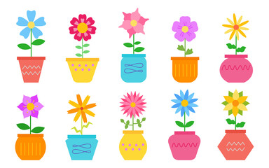 Bright retro colored flat vector flowers in pots for the design of cups, plates. Decor vintage elements for a room or gardening. Stickers. Scrapbooking. Shop design. For a child book