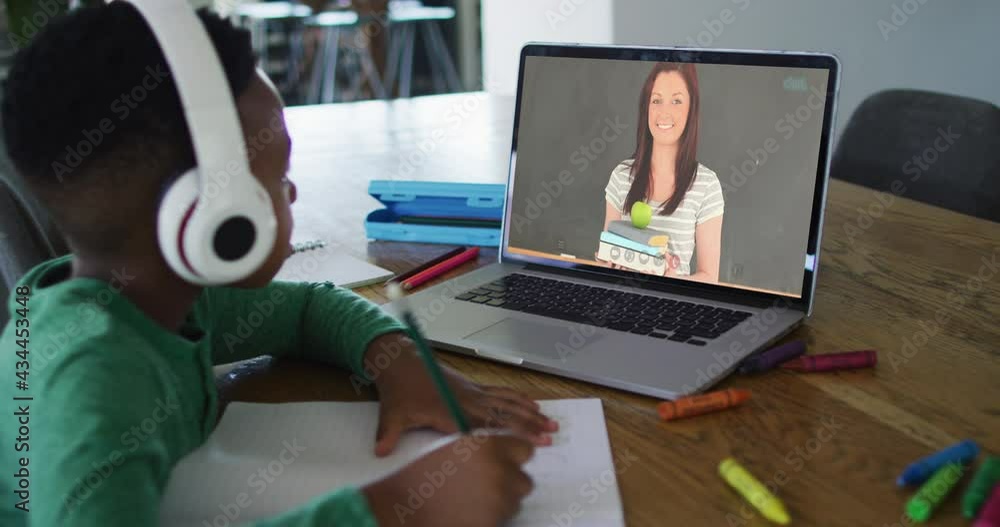 Wall mural African american boy wearing headphones having a video call on laptop while doing homework at home