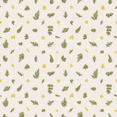 Summer seamless pattern with leaves and herbs. Colorful.