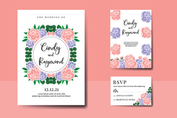 Wedding invitation frame set, digital art hand drawn Watercolor Pink and Purple Rose Flower design Invitation Card Template