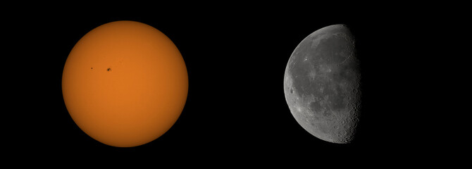 Comparison between the Sun with sunspots and the Moon in the first quarter with craters