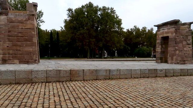 A pan view of the Temple of Debod monument in Madrid, Spain